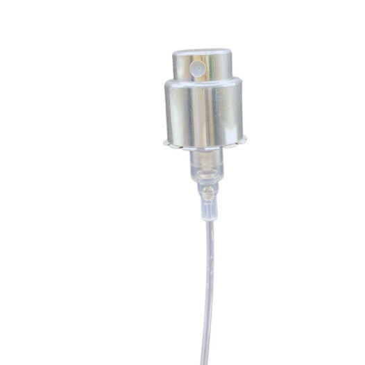 Crimp Less screw-on perfume spray pump with a silver collar, full length with its dip tube