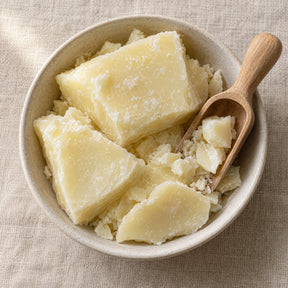 Microcrystalline wax pieces in a shallow bowl with a wooden scoop, seen from above on a linen surface