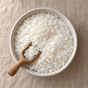 Natural beeswax pastilles, white, in a shallow bowl with a wooden scoop, seen from above on a linen surface