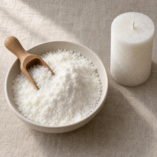 Palm wax powder in a shallow bowl with a wooden scoop, seen from above on a linen surface