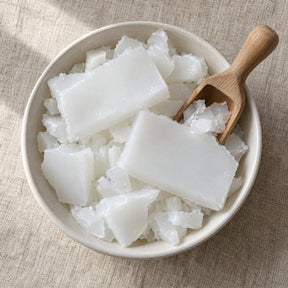 Fully refined paraffin wax pieces in a shallow bowl with a wooden scoop, seen from above on a linen surface