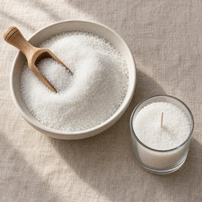 Sand wax granules in a shallow bowl with a wooden scoop, seen from above on a linen surface