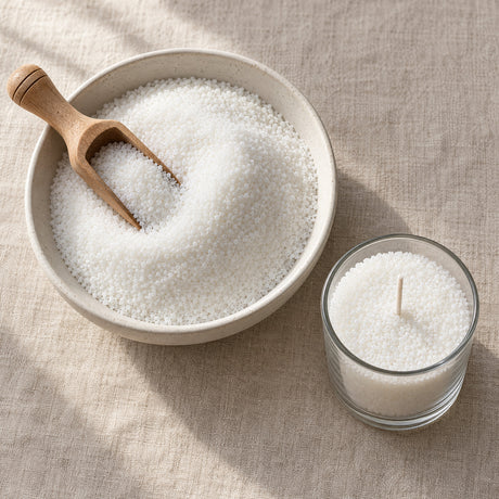 Sand wax granules in a shallow bowl with a wooden scoop, seen from above on a linen surface