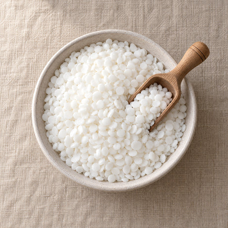 Soy pillar wax beads in a shallow bowl with a wooden scoop, seen from above on a linen surface