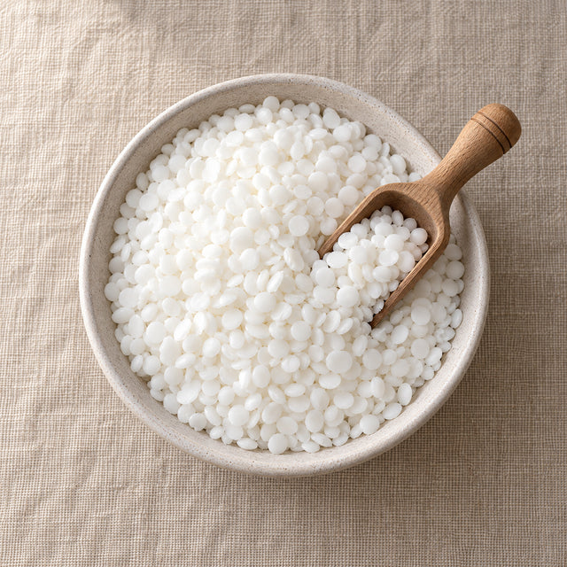 Soy pillar wax beads in a shallow bowl with a wooden scoop, seen from above on a linen surface